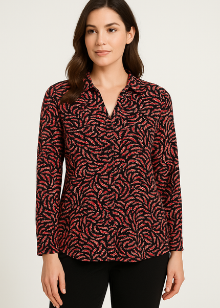 Top red print with button placket 3/4 sleeve