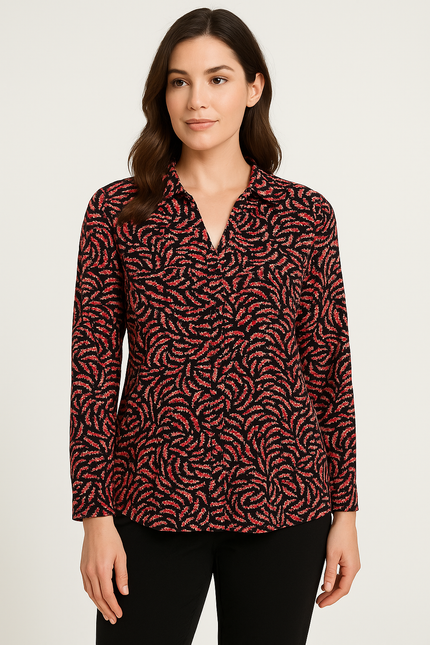 Top red print with button placket 3/4 sleeve