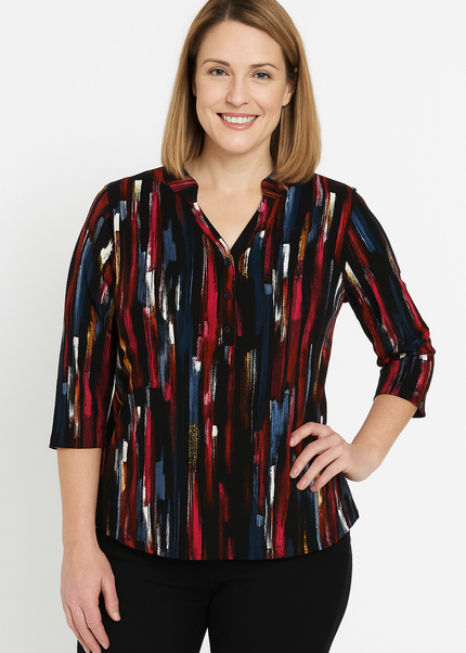 Top cerise multi brushstroke print 3/4 sleeve