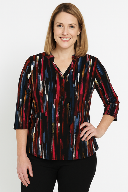Top cerise multi brushstroke print 3/4 sleeve