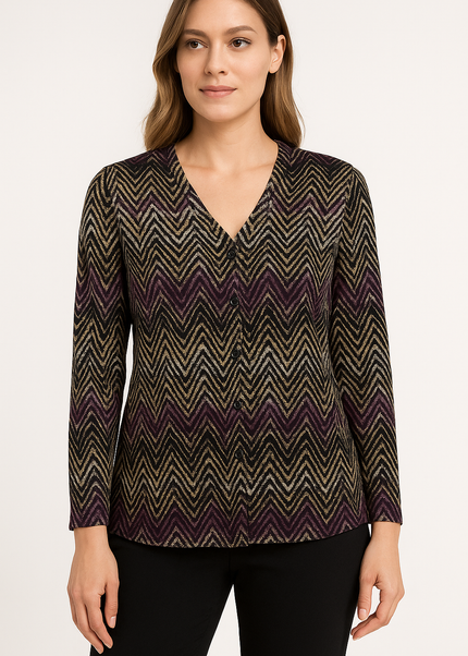 Top purple zig zag print with button placket
