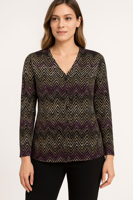 Top purple zig zag print with button placket