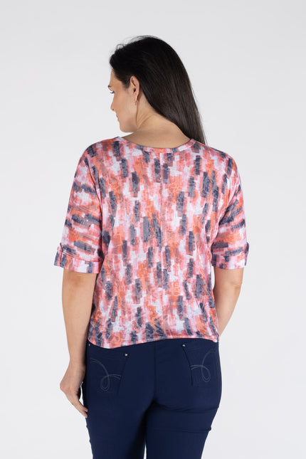 Top coral block print tie front short sleeve