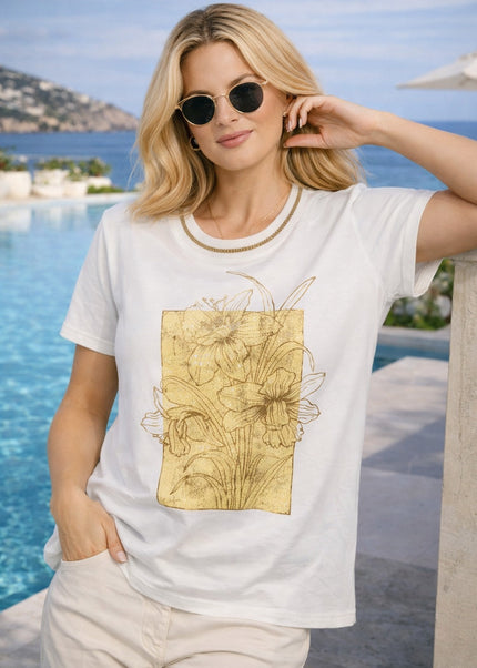 Top bold flower print lurex trim round neck