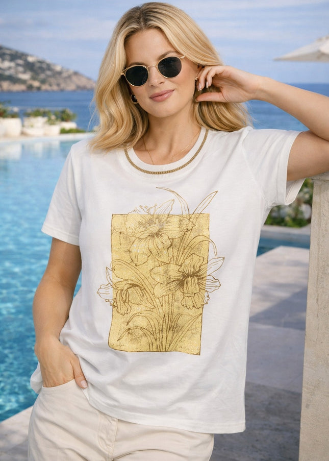 Top bold flower print lurex trim round neck