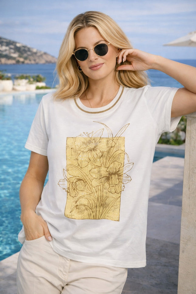 Top bold flower print lurex trim round neck
