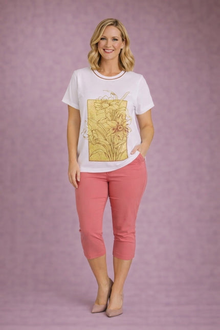 Top bold flower print lurex trim round neck