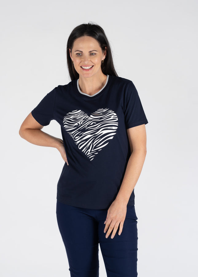 Top heart print lurex trim round neck