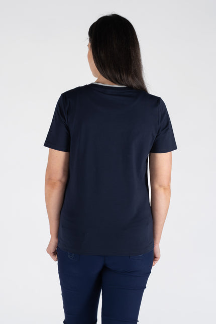 Top heart print lurex trim round neck