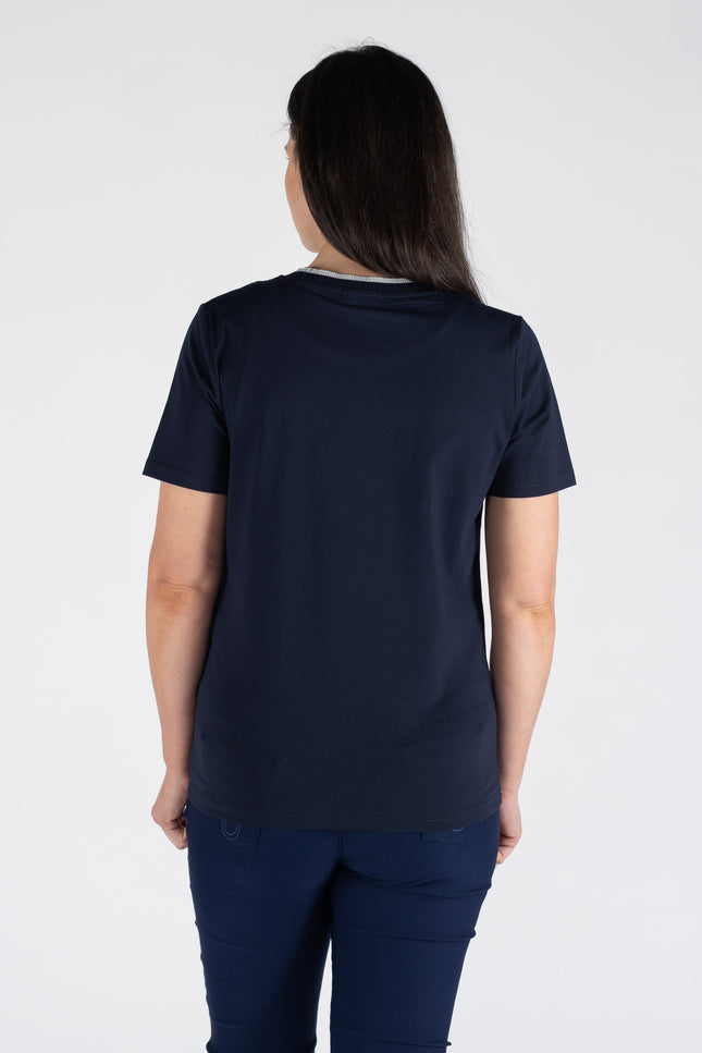 Top heart print lurex trim round neck