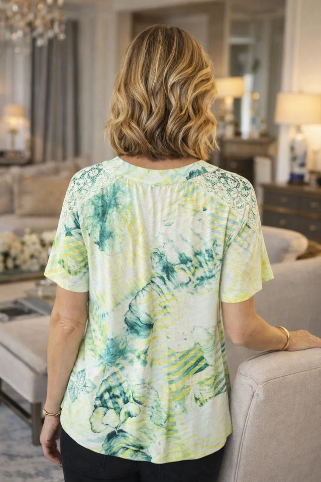 Green Print Floral print top with front placket round