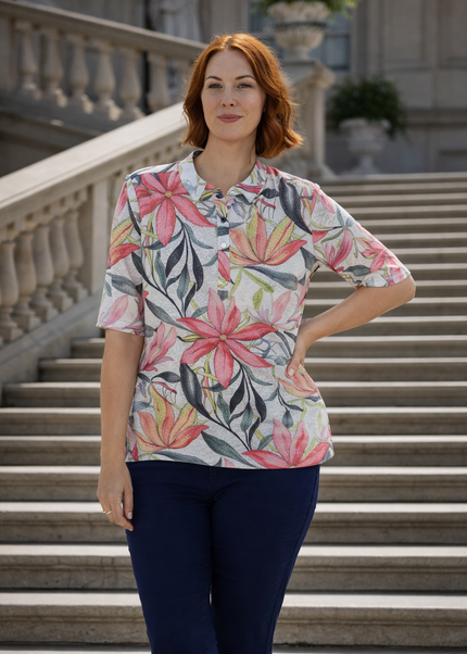Top leaf print with collar short sleeve