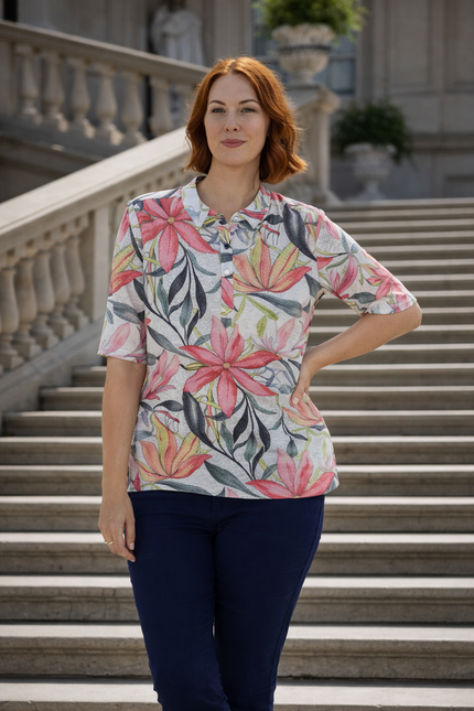 Top leaf print with collar short sleeve