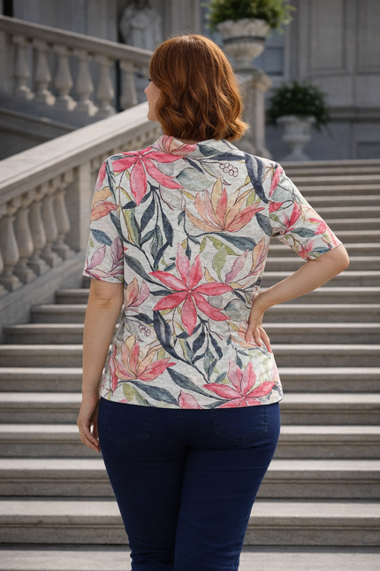 Top leaf print with collar short sleeve