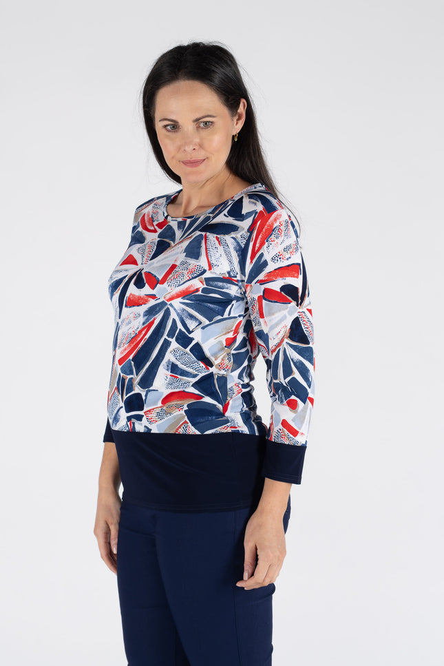 SWIRLY BLOCK PRINT TOP CONTRAST PANEL 3/4 SLEEVE