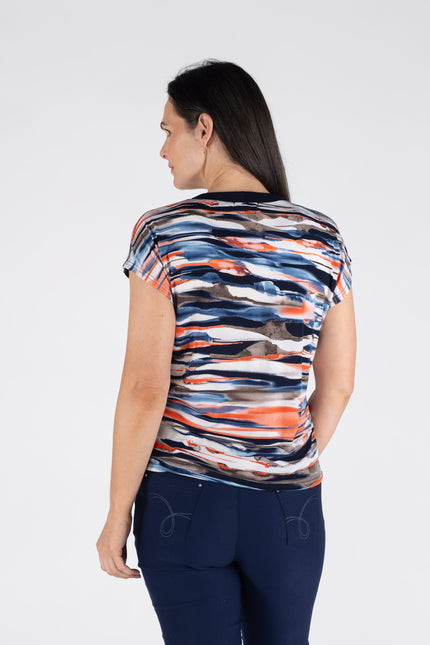 Top swirl print v-neck with cap sleeve