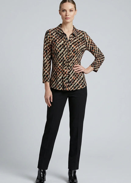 Top smudge spot print with button placket and 3/4 sleeve