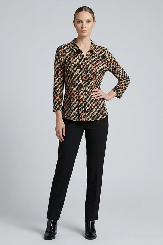 Top smudge spot print with button placket and 3/4 sleeve