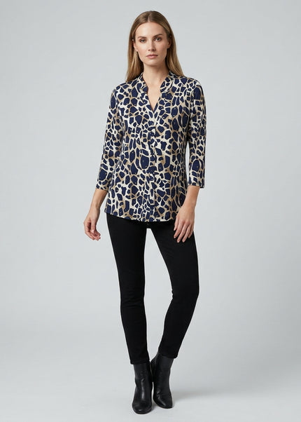 Top animal print with button placket and 3/4 sleeve