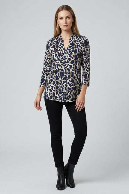 Top animal print with button placket and 3/4 sleeve