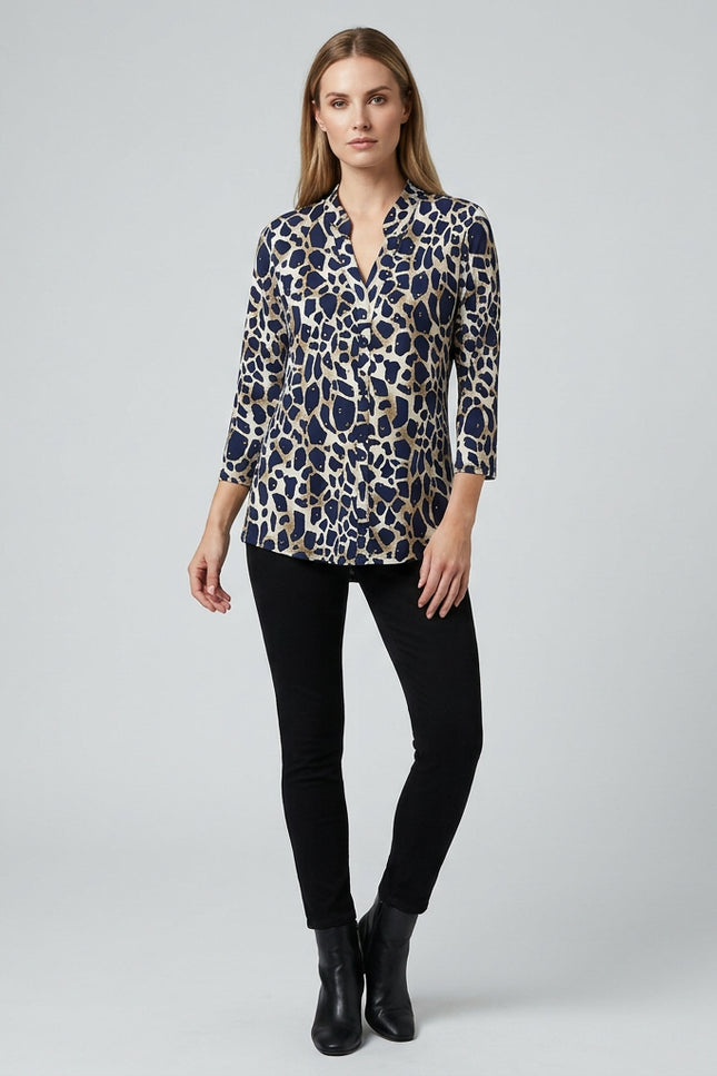 Top animal print with button placket and 3/4 sleeve