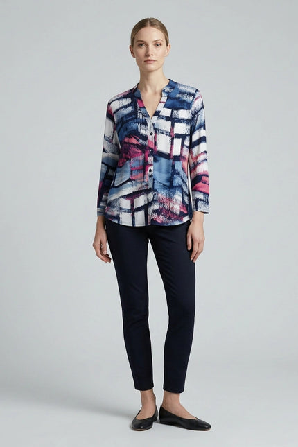 Top abstract print button placket and 3/4 sleeve