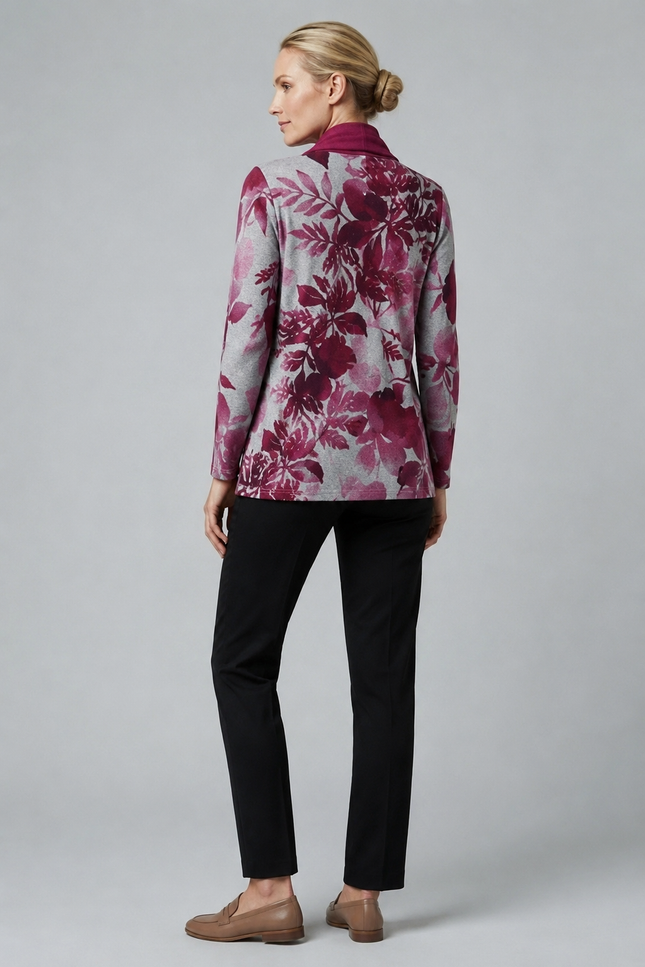 Top brushed leaf print with scarf long sleeve