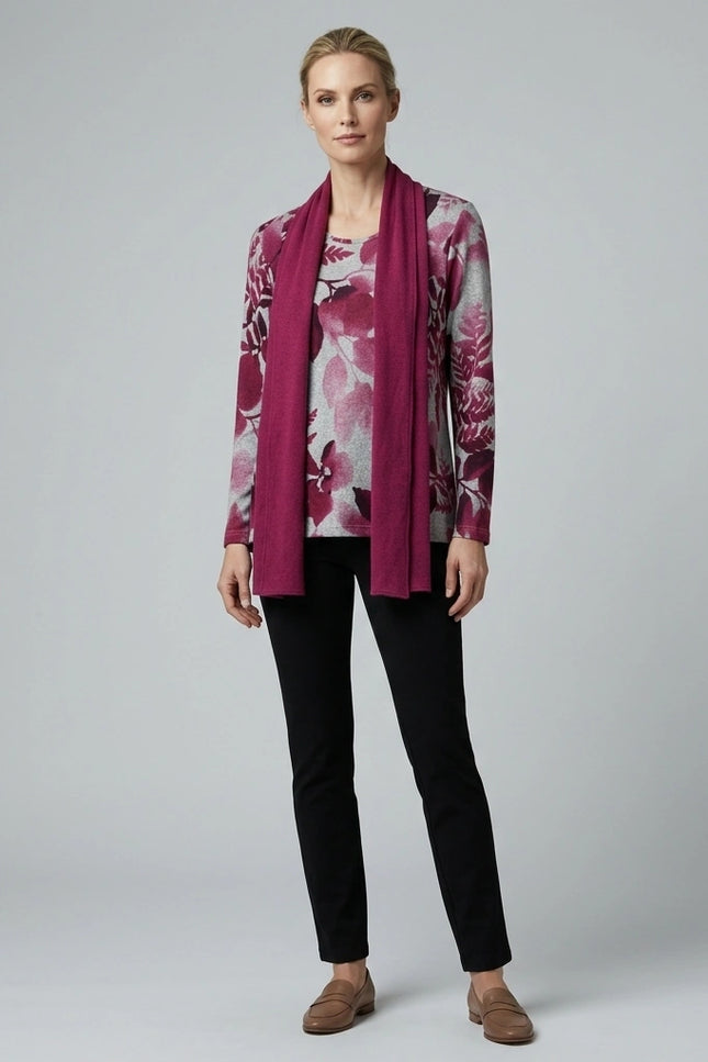 Top brushed leaf print with scarf long sleeve