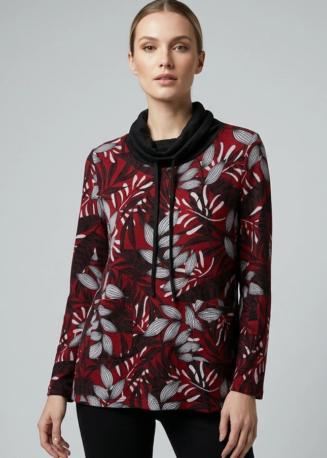 Top contrast cowl neck print long sleeve