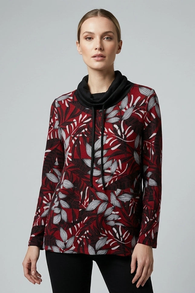 Top contrast cowl neck print long sleeve