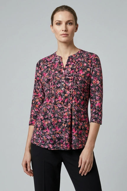 Top flower print burnout top with pleat detail