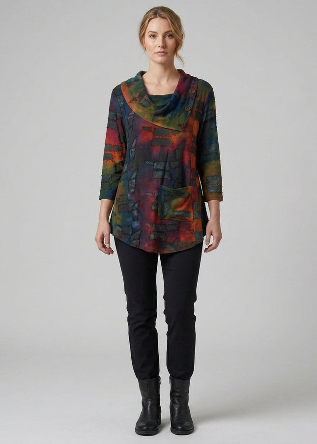 Top abstract print cowl neck with buttons long sleeve