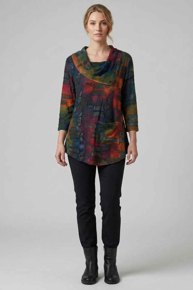 Top abstract print cowl neck with buttons long sleeve