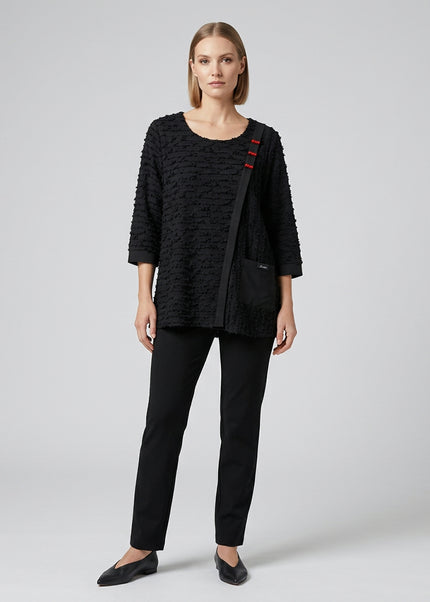 Top surface interest wrap effect with pocket and round neck
