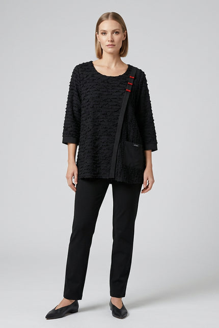 Top surface interest wrap effect with pocket and round neck