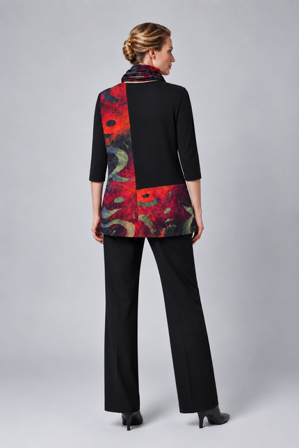 Top abstract print with contrast panel 3/4 sleeve with scarf