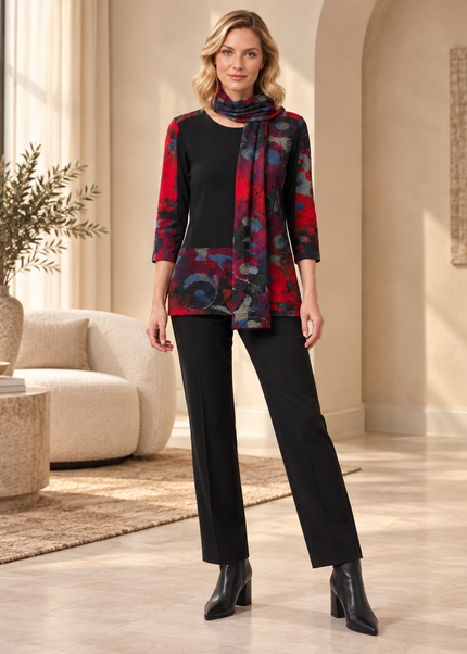 Top abstract print with contrast panel 3/4 sleeve with scarf