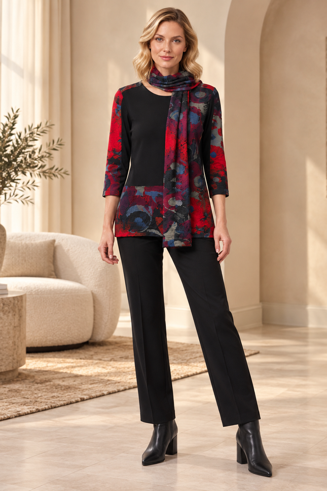 Top abstract print with contrast panel 3/4 sleeve with scarf