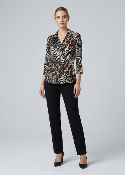 Top animal print swirl with collar and 3/4 sleeve