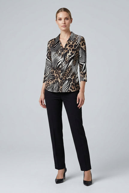 Top animal print swirl with collar and 3/4 sleeve