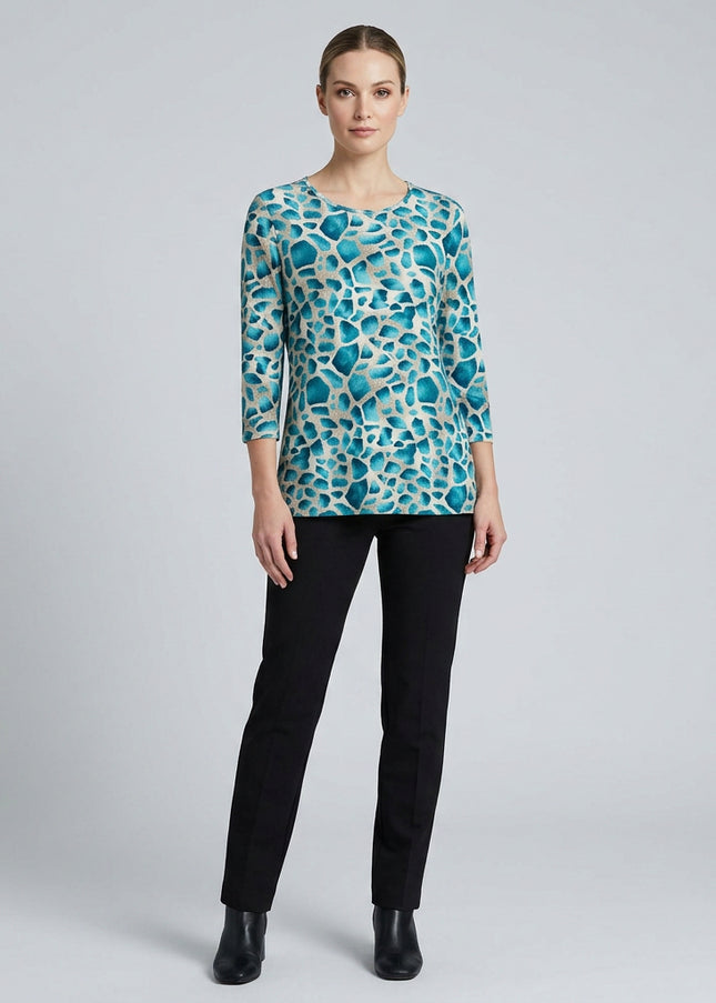 Top teal animal print round neck 3/4 sleeve