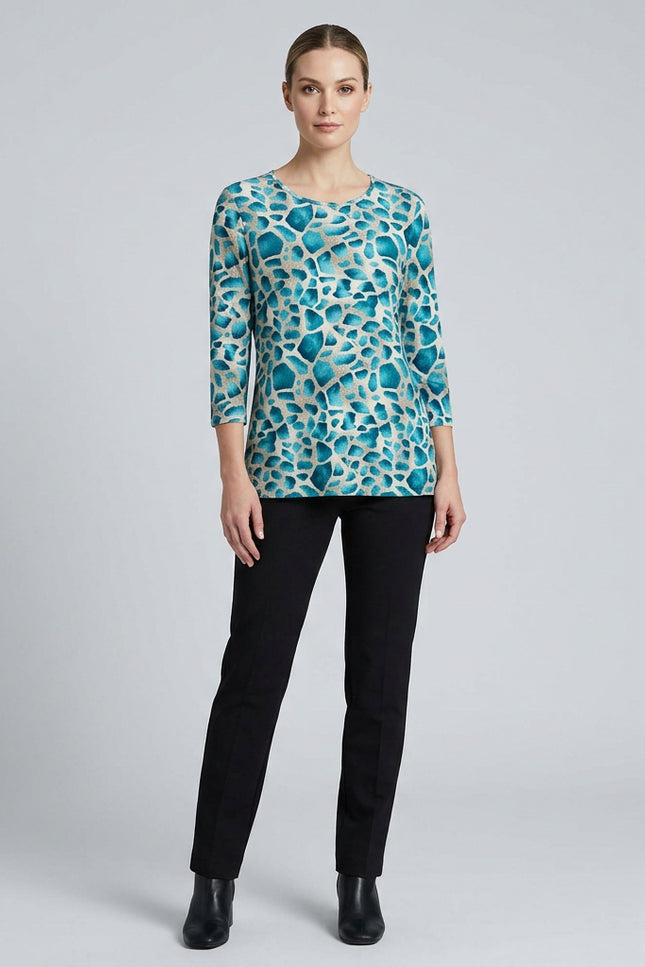 Top teal animal print round neck 3/4 sleeve