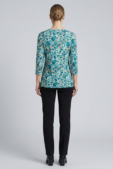Top teal animal print round neck 3/4 sleeve