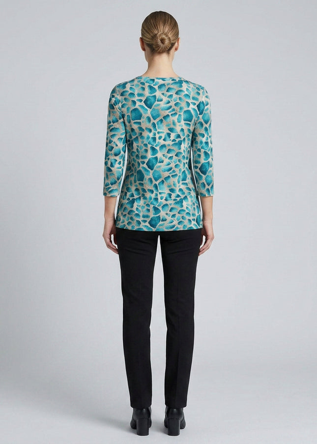 Top teal animal print round neck 3/4 sleeve