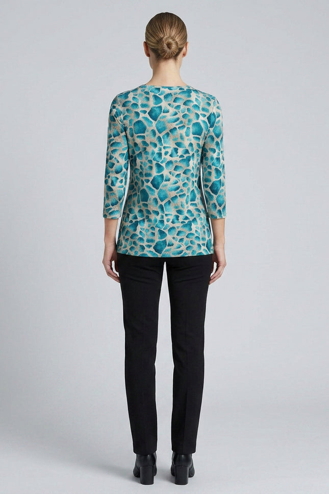 Top teal animal print round neck 3/4 sleeve