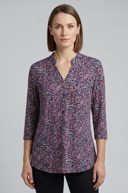 Top red print with button placket 3/4 sleeve