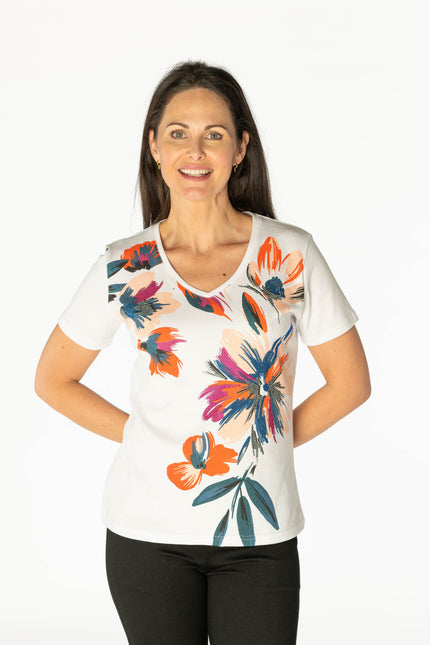 T-shirt bold flower print V neck short sleeve