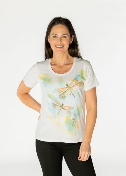 T Shirt dragonfly print round neck short sleeve.