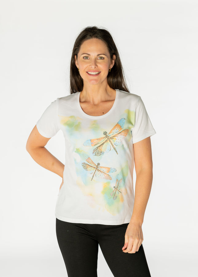 T Shirt dragonfly print round neck short sleeve.