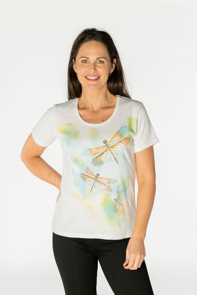 T Shirt dragonfly print round neck short sleeve.